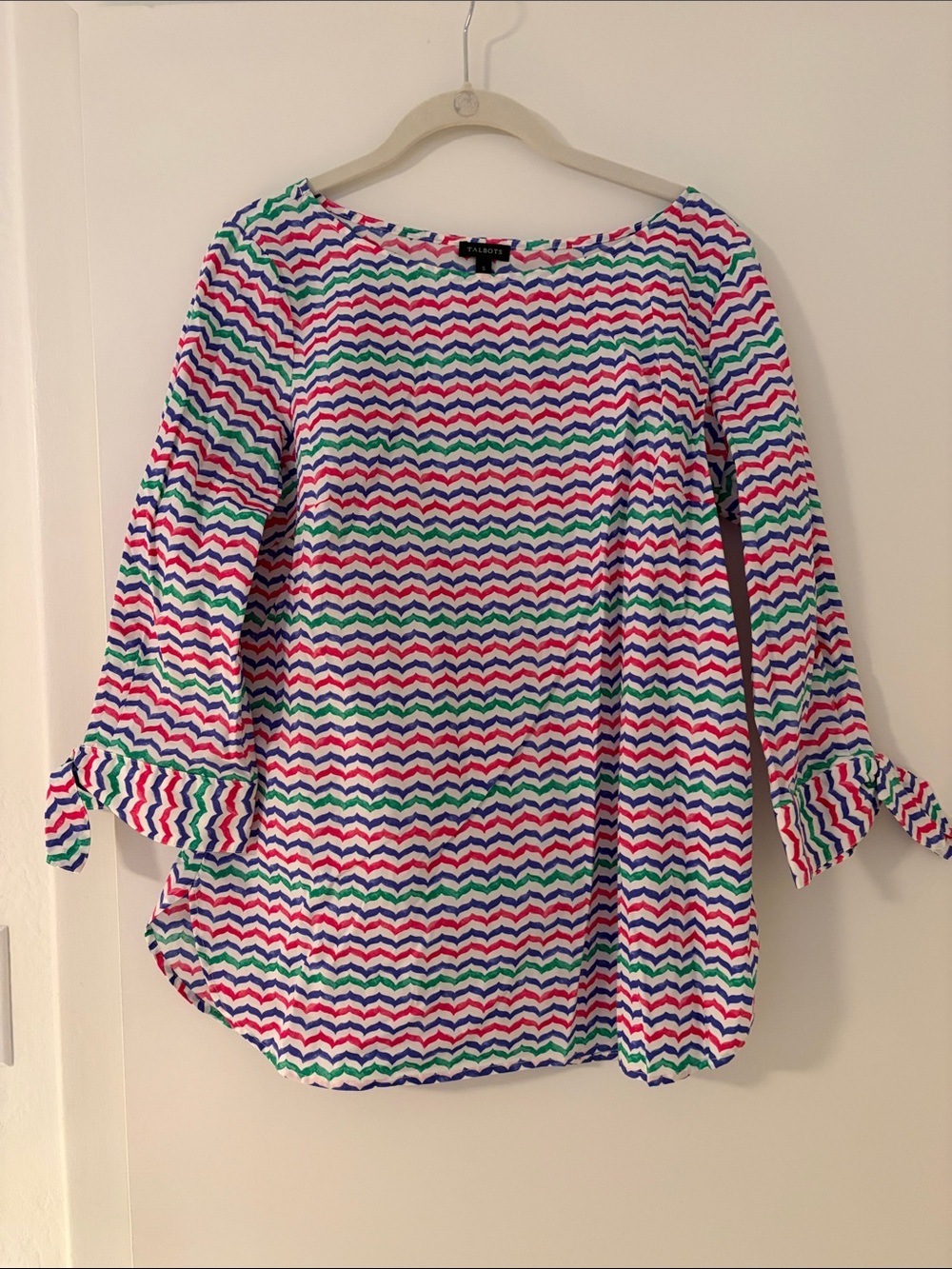 Talbots Multicolor Chevron Boatneck Top - Blue Green Red on White